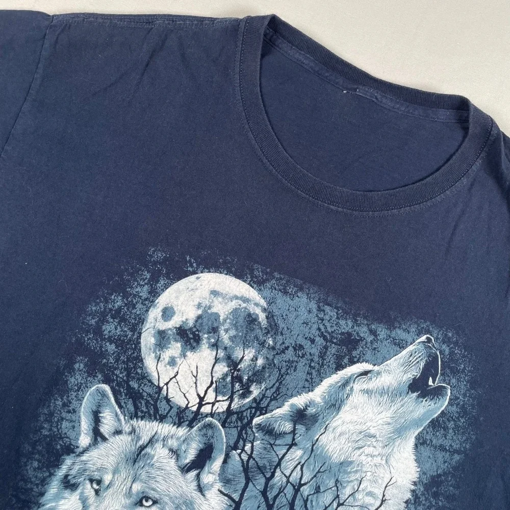 Mens Wolf T-Shirt Graphic Moon Animal Print Tee Navy Blue Nature Wolves‎ Large